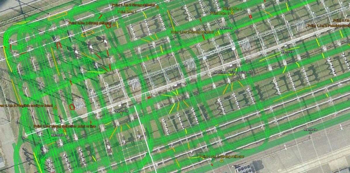 Resultat Sylling Georadar Grønt omriss viser dekkede områder Kvalitet på måling: