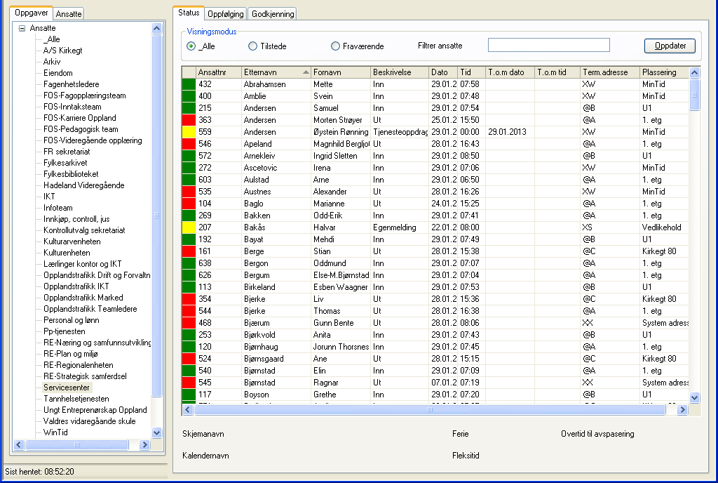 Oppgaver status Formålet med dette skjermbildet er å få en oversikt over ansatte som er til stede på jobb, ute (ikke registrert) eller om de er på et fravær.