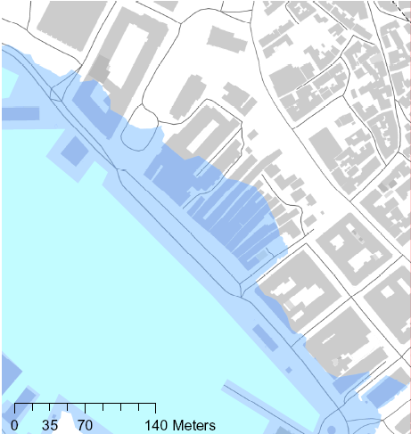 flood barrier along the quay Lifting up critical buildings Calculated Flooded area at high