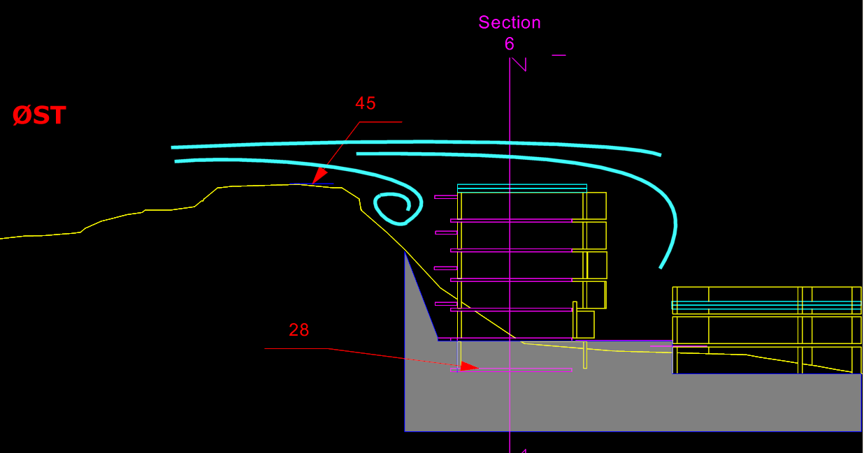Figur 2.3 Snitt av bygg øst med terreng og inntegnede vindlinjer (skjematisk).