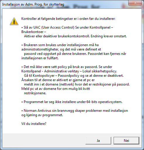 2. Start Setup.exe - Følgende bilde dukker opp - "Installasjon av Adm.Prog. for skytterlag og samlag 06.00" 3.