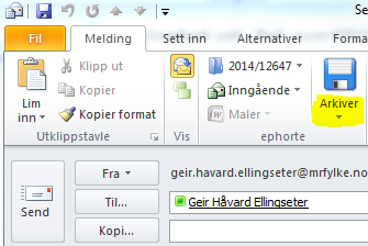 Overføre e-post til fra Outlook til egen sak i ephorte 1. Klikk på vis felt for saker i ephortemenyen i Outlook. 2.