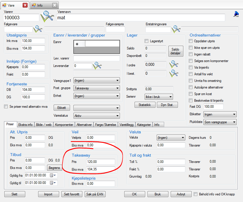 Take-away Varene vi selger kan også selges som take-away. Da får de 15 % mva. For å aktivere take-away må man huke dette på i felles innstillinger.