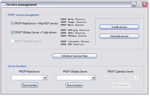 10.4 Tools: 10.4.1 Service Management Med dette vinduet er det mulig å starte (Install service) og avslutte (Uninstall service) servicene som brukes av ProffNett sentralbord Pluss server.