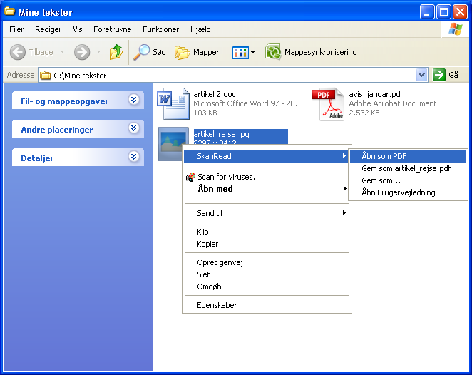 Kapitel 3. SkanRead i høyreklikk-meny Høyreklikk på en bilde-fil eller en pdf-fil på datamaskinen for å gjøre om filen til et tilgjengelig tekstformat eller lyd.