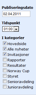 Så er det bare å bestemme nå saken skal publiseres i menyen til høyre som ser slik ut: Det er viktig å krysse av riktige kategorier som passer