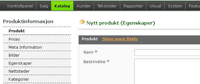 Produktinformasjon er delt i: Produkt: Navn produktets navn sånn som kundene ser det Beskrivelse en lenger beskrivelse av produktet Short description en kortere beskrivelse Varekode vareartikkels