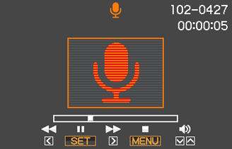 Avspilling av Voice Recording-data 1. Gå inn i PLAY-modusen og bruk så [ ] og [ ] for å fremvise Voice Recoring-filen du ønsker avspille. fremvises istedenfor et bilde for en Voice Recordingfil. 2.