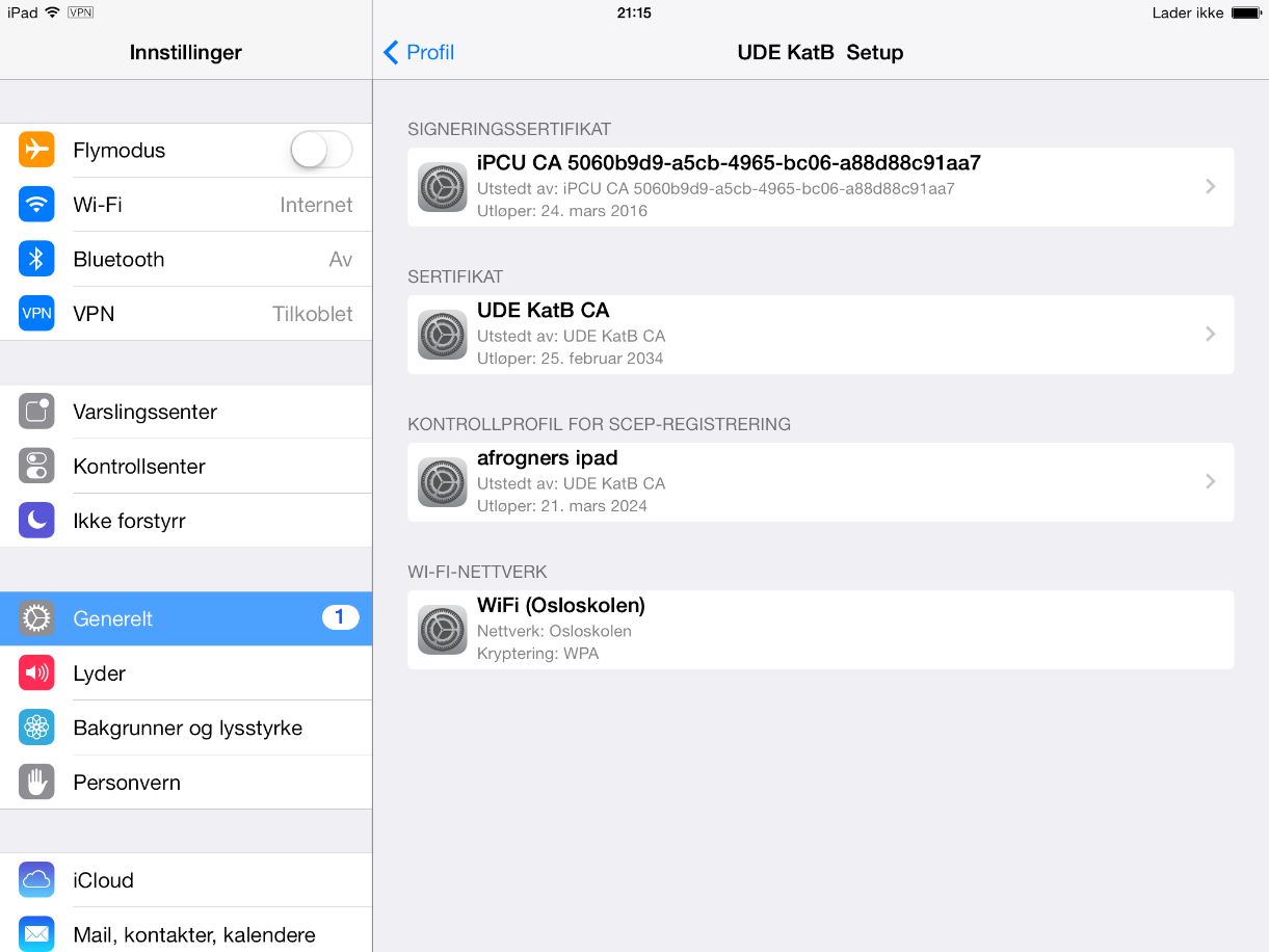 For å verifisere at alt er korrekt kan man velge UDE KatB Setup profil Her kan du se på sertifikatene og Wi-Fi innstillingene Nå kan du