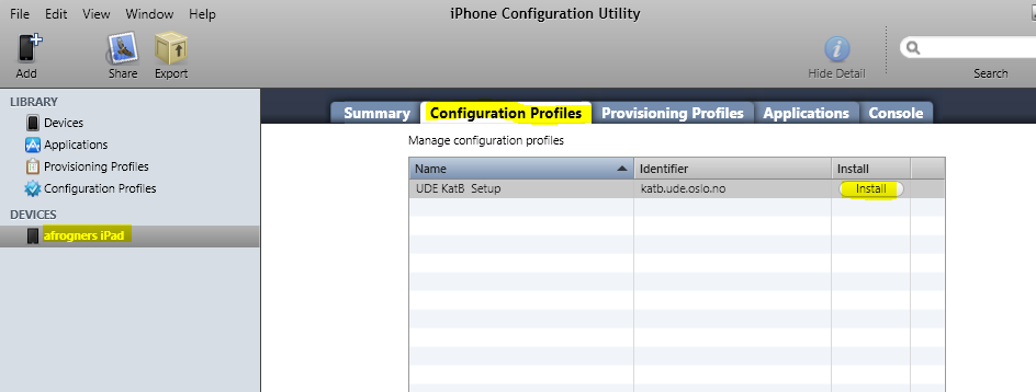 Velg UDE KatB setup i listen og trykk installer Trykk