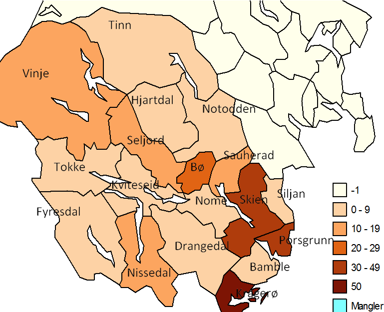 -1 0-9 10-19 20-29 30-49 50 Mill. Mangler kr data Figur 7.12 Verdiskaping målt som bruttoprodukt landbruksbasert industri. Kommuner.