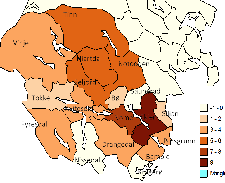 -10-0 1-2 3-4 5-6 7-8 9 Mill. Mangler kr data Figur 4.9 Kart: Verdiskaping fra kumelkeproduksjon, 2011, bruttoprodukt, mill.