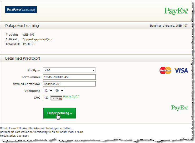 Bedriftskunder som kjøper e-læringskurs kan kun velge Betalingskort som betalingsmåte, se eksemplet vist i Figur R.