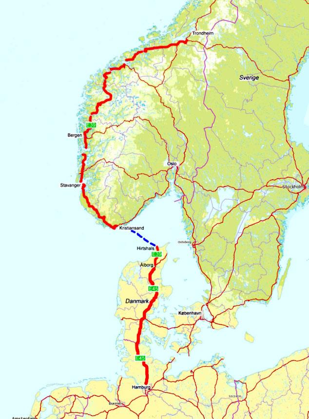 E39 E39 Kristiansand-Trondheim bortimot 1100 km E39 ferjeforbindelse Kristiansand- Hirtshals i Danmark E39