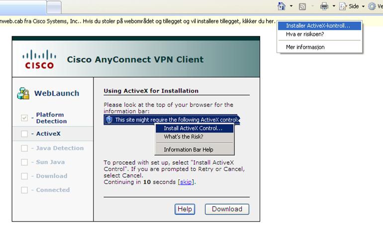 Ved førstegangspålogging/ og ved oppdateringer må du installere et program som heter Anyconnecr VPN Client 4A) Følg