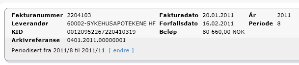 Ved å markere feltet endre i fakturahodet, endrer bildet seg, og det åpner seg felter for å velge fra til periode som fakturaen skal fordeles til.