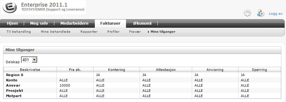 Mine tilganger Under Mine tilganger får du en oversikt over hvilke tilganger til å bruke konteringer du har fått i systemet.