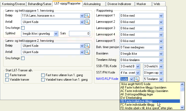 Ajourhold av lønnsartene. Ajourhold faste opplysninger Lønn- og Trekk-arter Feltet for NAVO -kode Merking av lønnsarter er nødvendig slik at lønn skal komme rett på NAVO rapporten.