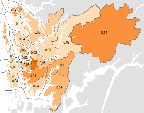 På regionnivå ligger Bergen høyest (0,56 kollektivturer per person og dag), og i den andre enden av skalaen ligger Voss, med 0,17.
