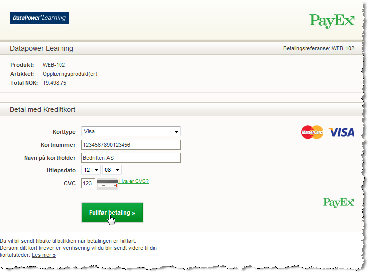 Bedriftskunder som kjøper e-læringskurs kan kun velge Betalingskort som betalingsmåte, se eksemplet vist i Figur O.