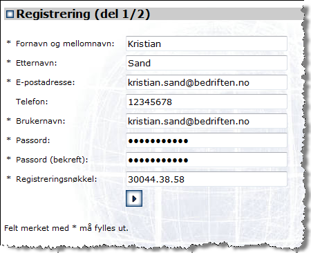 Registrering Første gang opplæringsprogrammet skal tas i bruk må brukeren registrere seg, se eksemplet vist i Figur K.