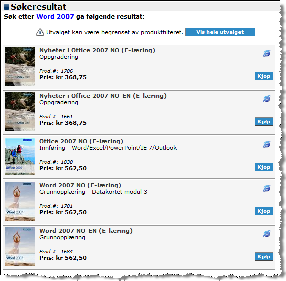 Kursinformasjon Etter at du har søkt i søkefeltet eller klikket deg fram i menyen, vises en resultatliste med aktuelle kurs, se eksemplet vist i Figur D.