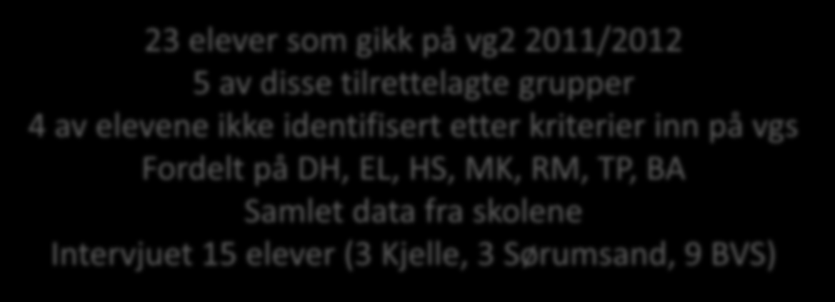 23 elever som gikk på vg2 2011/2012 5 av disse tilrettelagte grupper 4 av elevene ikke identifisert etter kriterier inn