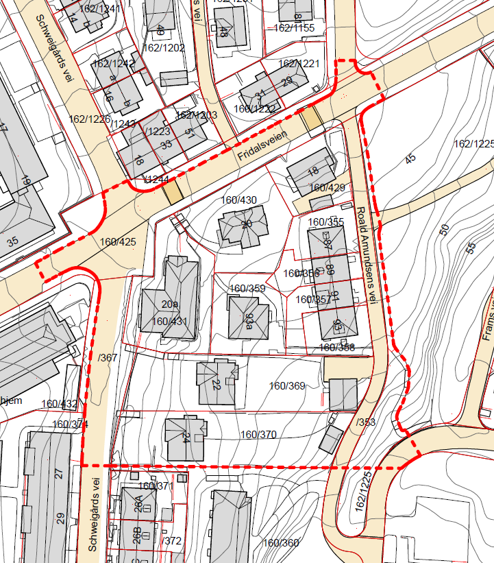 Figur 2 Reguleringsplanens grense 2. Dagens situasjon 2.1. Vegstandard har en veibredde på om lag 6 meter. Det er ensidig fortau langs østsiden av sør for planområdet.