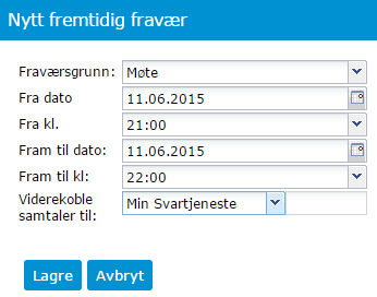 Min Svartjeneste: Innringere får opplest fraværsgrunn og utløpstid for fraværet, og kan gjøre noen tastevalg for videre håndtering av samtalen (velges av brukeren selv i Miner (telenor.no)).