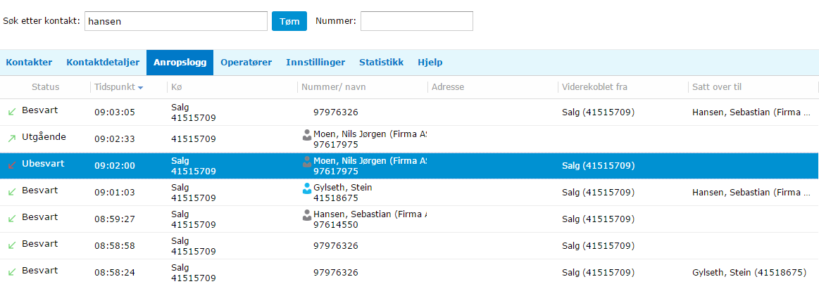 4.3. Anropslogg Arkfanen Anropslogg viser historikken på samtalehåndteringen på det enkelte sentralbordet. Anropslisten inneholder de 200 siste anropene til/fra operatøren.