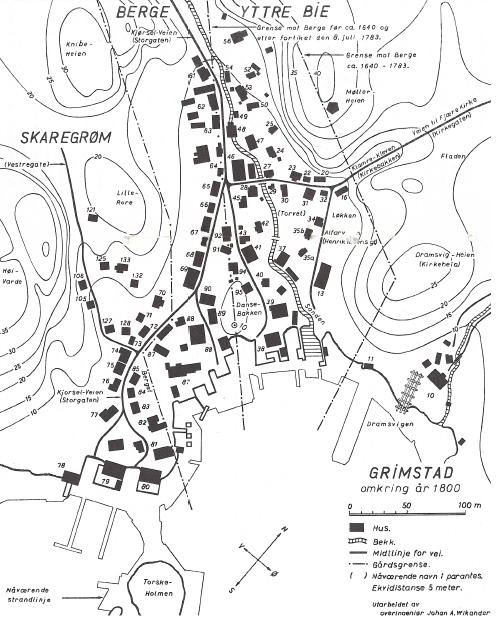 1800 av Wikander i Gamle tomter i Grimstad.