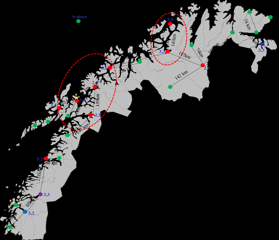 Utfra disse analysene ser ikke reisevei ut til å være et vesentlig problem. I de påfølgende figurene har vi identifisert områder hvor omstrukturering kan vurderes.