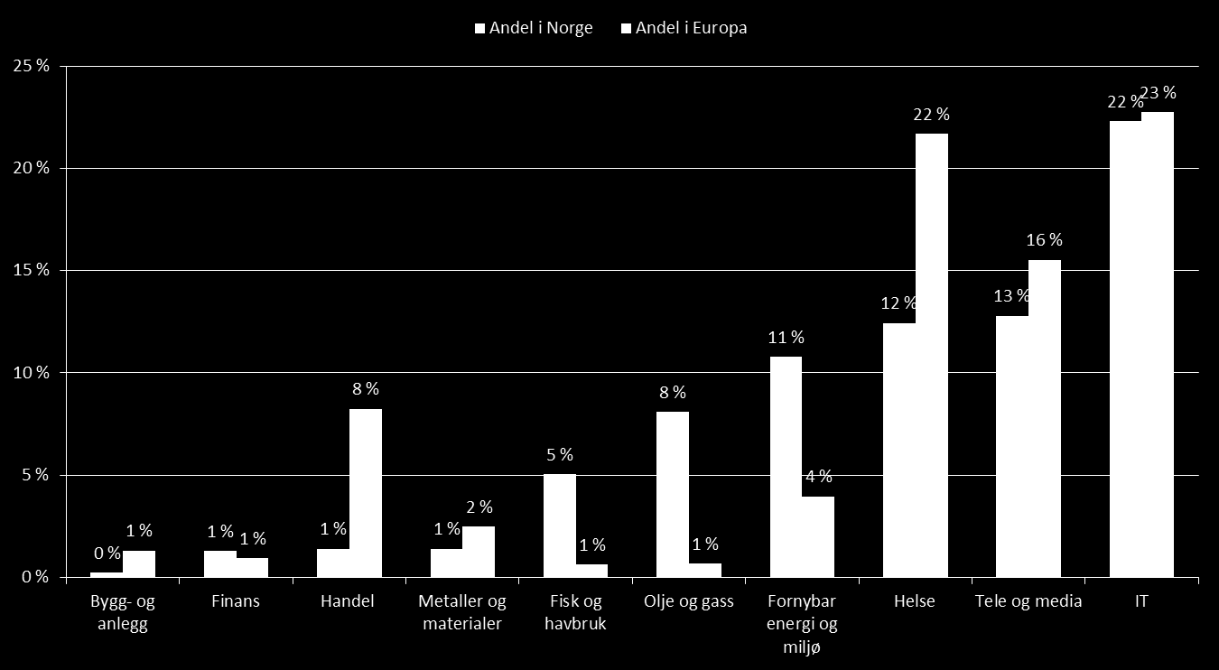 kommer vi nærmere tilbake til senere. Maritim næring er ikke med i tabellen under da vi har sammenlignbar europeiske data for næringen.