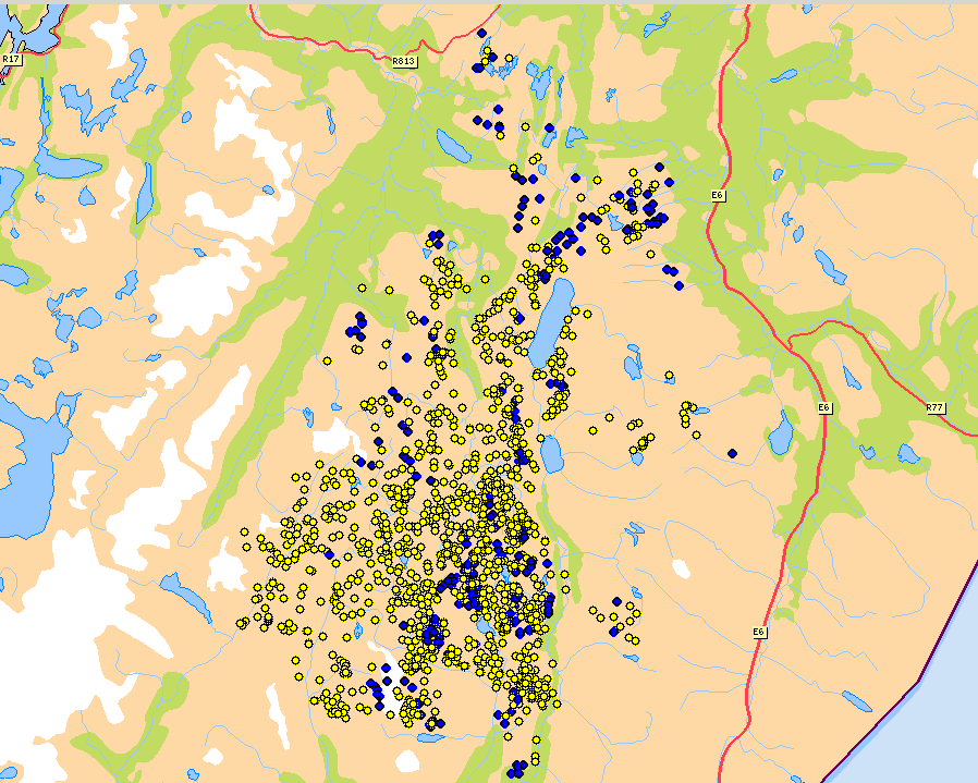 Figur 1. Kart som viser virkelig gsm-dekning innenfor deler av Saltfjellet reinbeitedistrikt. Blått viser når det er tilstrekkelig dekning til å sende sms, gult når dekningen der for dårlig.