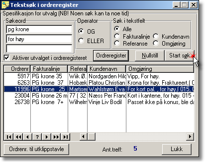 Endringer 2002 7 Vi beskriver her funksjonaliteten i søkebildet ovenfor. Første gang du åpner søkebildet vil du få like mange "treff" som du har ordre i ordreregisteret.