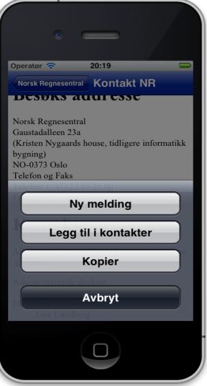 7. Kontakt NR Under ser man tre bilder. Det første bildet viser hvordan kontaktinformasjonen til NR ser ut på telefonen. Her finner man telefonnumre og epostadresser til NR sine ansatte.
