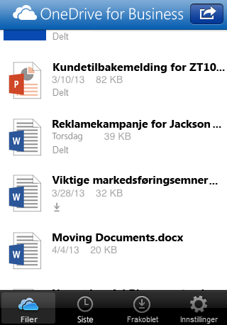 Bruke appen OneDrive for Business for Office 365- abonnenter Når du har logget på tar OneDrive for Business-appen deg direkte til filene og mappene, slik at du kan vise og arbeide med filene