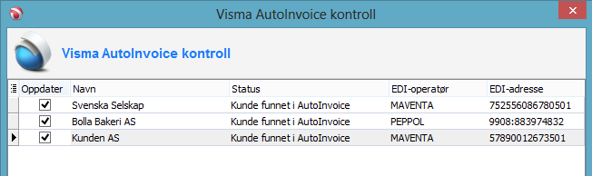 Kontrollere kunder mot Visma AutoInvoice (fakturamottakere) Du kan kontrollere alle kundene på en klient mot Visma AutoInvoice og velge hvilke kunder du ønsker å sette som mottakere av elektronisk