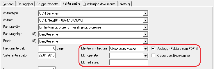 DI Office Fakturering / DI Office Husleie (leietaker) Velg Egenskapsbildet på kunden. Valg av distribusjonsmåte finner du under gruppen Elektronisk faktura.