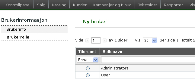 Det er mulig å opprette og endre på rollene ved å navigere: "System" > "Rettigheter" > "Roller".