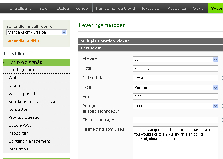 Nå ser du et skjema. Sett "Ja" som verdi under "Aktivert". Skriv «Fast pris» i feltet "Tittel" og under "Method name" kan du for eksempel skrive "Fast pris uansett forsendelse".