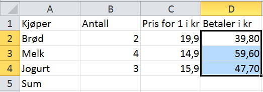 Kopiere en formel ved å bruke rullegardin-kopiering Dersom formelen for utregning er den samme for flere rader under hverandre, kan formelen lages én gang og kopieres nedover til de andre radene.