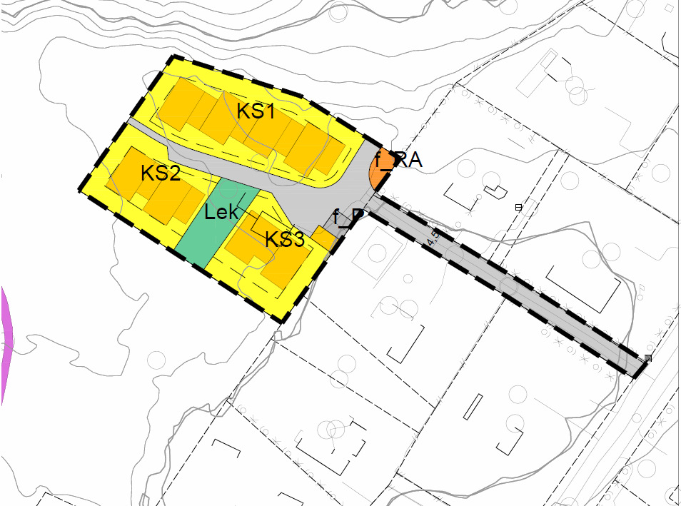 Planskisse m/forslag til avgrensning Ny planskisse viser kjedet bebyggelse som består av boliger over to plan med saltak.