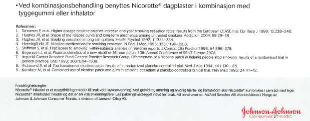 Klagers anførsler: Saken er innklaget av Novartis Norge AS, 16. desember 2010, som i det vesentlige har anført: Vi ønsker med dette å klage inn Johnson & Johnson for en brosjyre på Nicorette plaster.