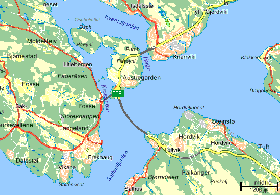 5.3.6. Kvernafjorden (Holsnøy Knarvik) For å stenge ute stormflo fra nord gjennom Radfjorden og Radsundet/Alverstraumen, er det nødvendig med barrierekonstruksjoner ved Knarvik. Barriere Bredde Max.