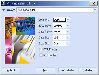 Fra menylinjen velger du. Innstillinger, Maskinvare, Installere ny maskinvare. Fra nedtrekksmenyen klikker du på Strekkodeleser.