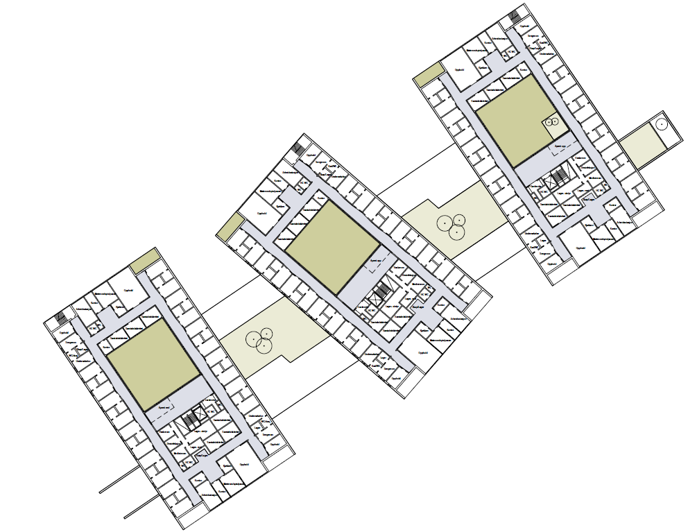 Figur 24 Illustrasjon av planløsning for sengeområdene i ny PSA Løsningene vist for ny PSA viser at det er en stor variasjon i muligheter for til gang til uteområder både i indre gårdsrom, på