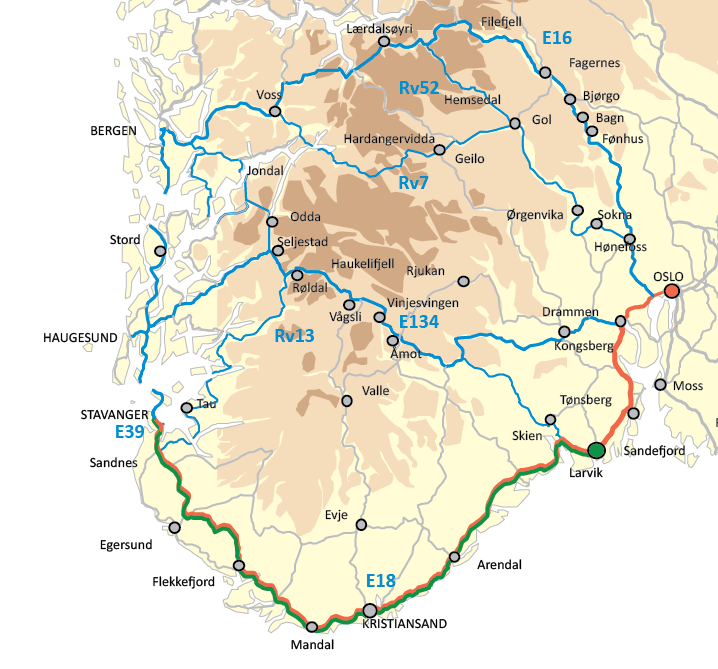 Stavanger Oslo Med utgangspunkt i Stavanger (søndre del av Vestlandet) er E39/E18 langs Sørlandet den korteste reiseruten til Oslo målt i reisetid.