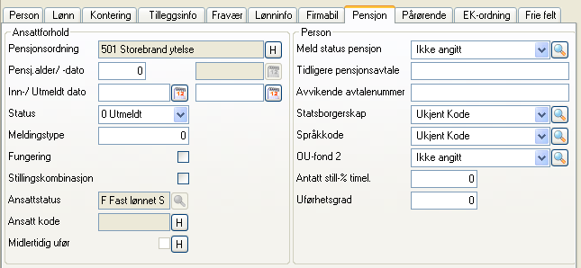 Velg pensjonsselskap for, knytt pensjonsordning til selskapet og sett selskapet som aktivt ved å trykke knappen Sett som aktivt pensjonsselskap Ordning Pensjonsalder Nedre grense pensjonsalder