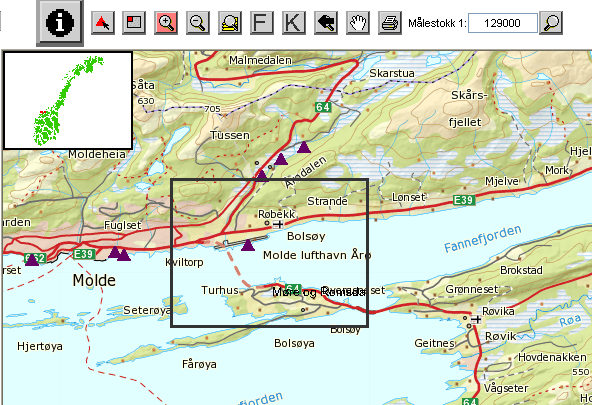 Zoome inn på kartet Du kan zoome inn på følgende måter: Ett nivå Et område (målestokken tilpasses det oppgitte området) Oppgi en målestokk og velg senterpunkt Tips: Du kan zoome inn til et svært